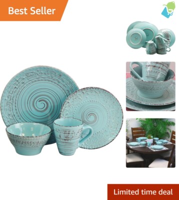 Stunning Turquoise 16-Piece Stoneware Dinnerware Set with Ocean Embossing 