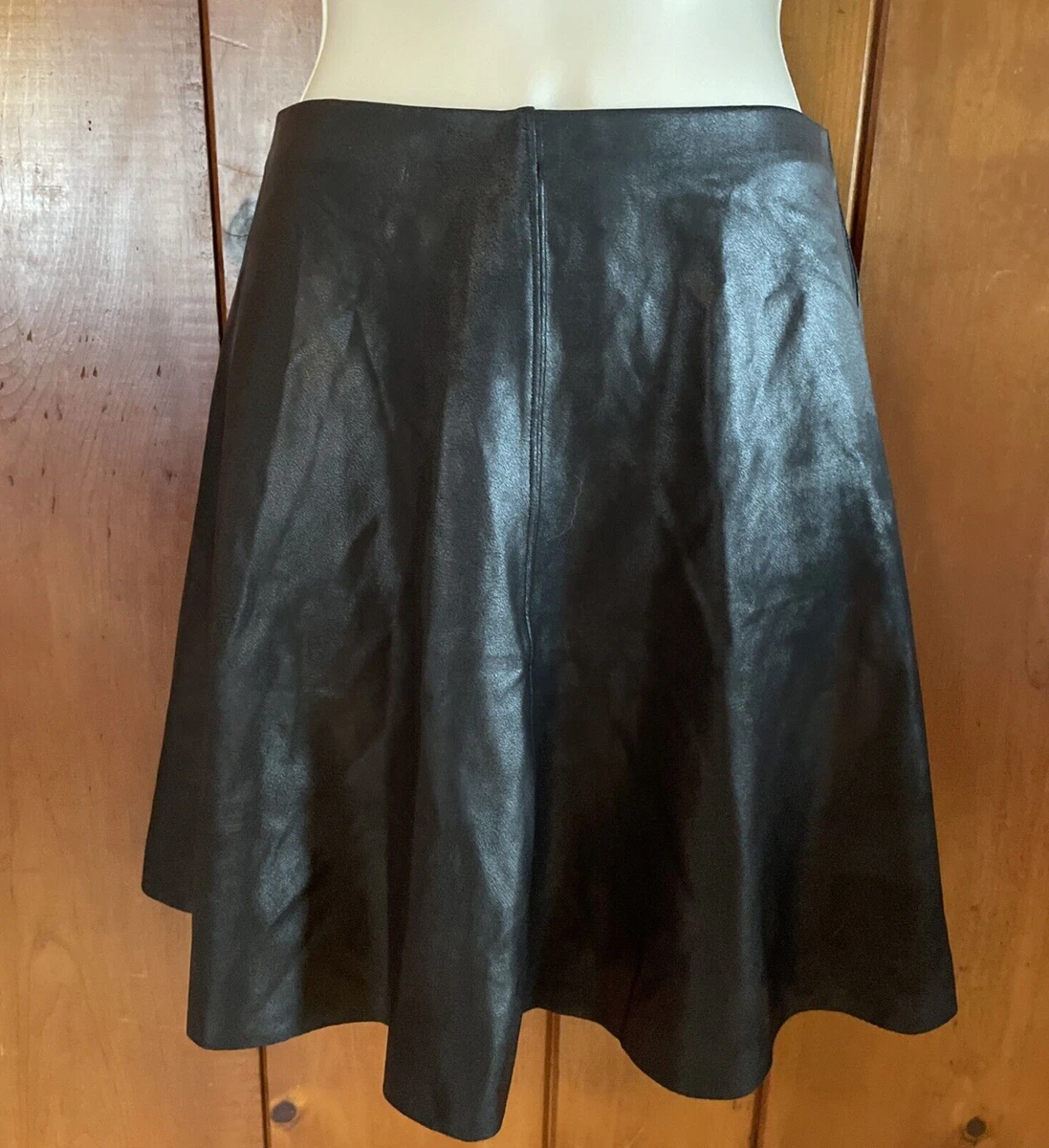 SPANX Mini Skirt Skater Fit Flare Flounce Nylon Faux Leather Black