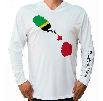 St Kitts and Nevis Flag Map UV Protect UPF 50 Long Sleeve T-Shirt Hood Fishing