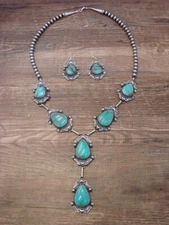 22" Sterling Silver Navajo Pearl & Turquoise Y Necklace Set - Derrick Gordon