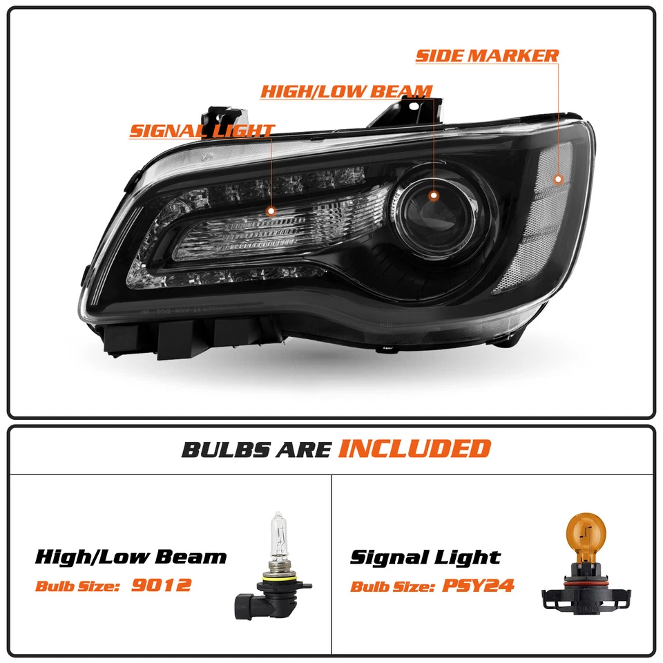 Faros de esquina transparentes negros con bombillas LH&RH para Chrysler 300 2011-2023 Foto 3 de 4