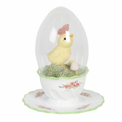 Clayre Eef Osterhase Hase Osterdeko Küken auf Tasse unter Glocke Ostern 15x12 cm