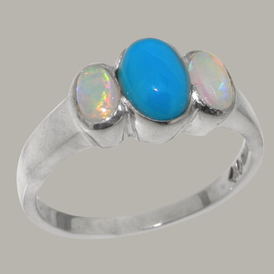 Massiver 925 Sterling Silber natürlicher Türkis & Opal Damen Trilogie Ring