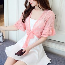 Women Ruffles Lace Hollow Out Cardigan Cropped Bolero Cape Jacket Flare Sleeve