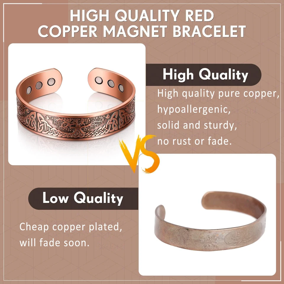 100% Premium Solid Pure Copper Magnetic Bracelets Tree of Life Cuff Bangle Mens - Image 2 of 4