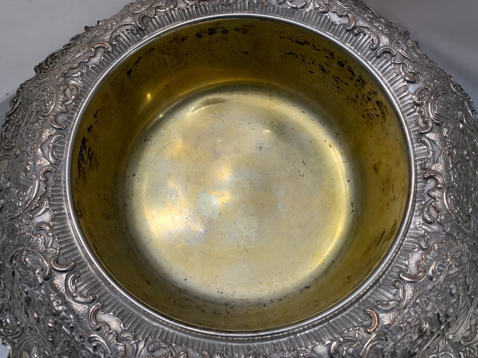 Antique Sheffield Silver on Copper Plate Repousse Flower Frog Bowl Centerpiece - Image 2 of 4