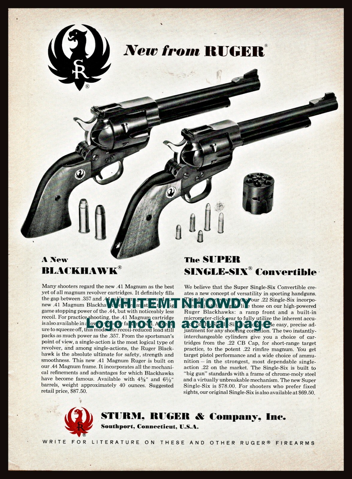 1965 RUGER Blackhawk & Super Single-Six Convertible Revolver PRINT AD