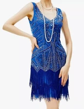 BABEYOND DRESS SIZE SMALL BLUE SALSA BEADS FLAPPER 1920s GREAT GATSBY PARTY NEW