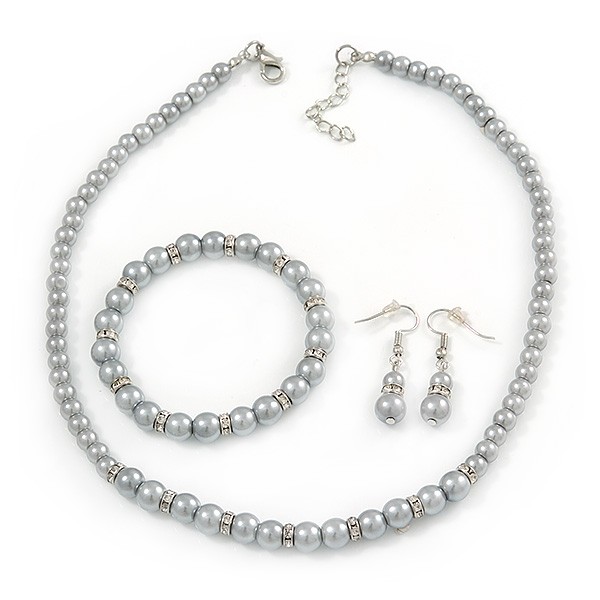5mm, 7mm Light Grey Glass/ Crystal Bead Necklace, Flex Bracelet & Drop Earrings