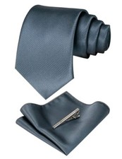 Solid Color Formal Necktie and Pocket Square Tie Clip Sets for Men Charcoal