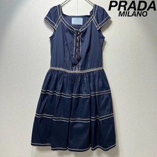 PRADA Rare Stitch Gathered Lace A-Line Designer Dress Black Women's from Japan