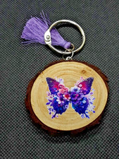 Beautiful Handmade Flowers Butterfly Wood Round Keychain Tag w/ Tassel