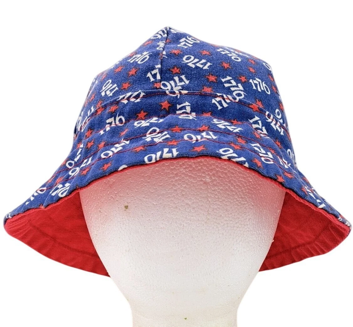 Vintage Patriotic Bucket Hat Blue Red Stars 1776 USA Adult Denim 1970s Handmade