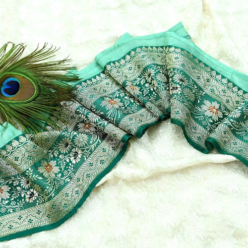 Indian Vintage Green Sari Border Woven Banarasi 1yd Trim Craft Sewing Recycled