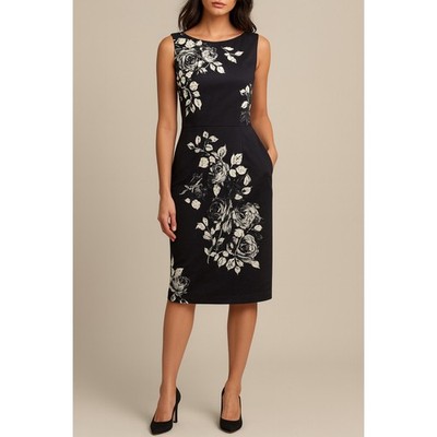 Talbots RSVP Dress Women 12 Black White Floral A-Line Sleeveless Cotton Blend