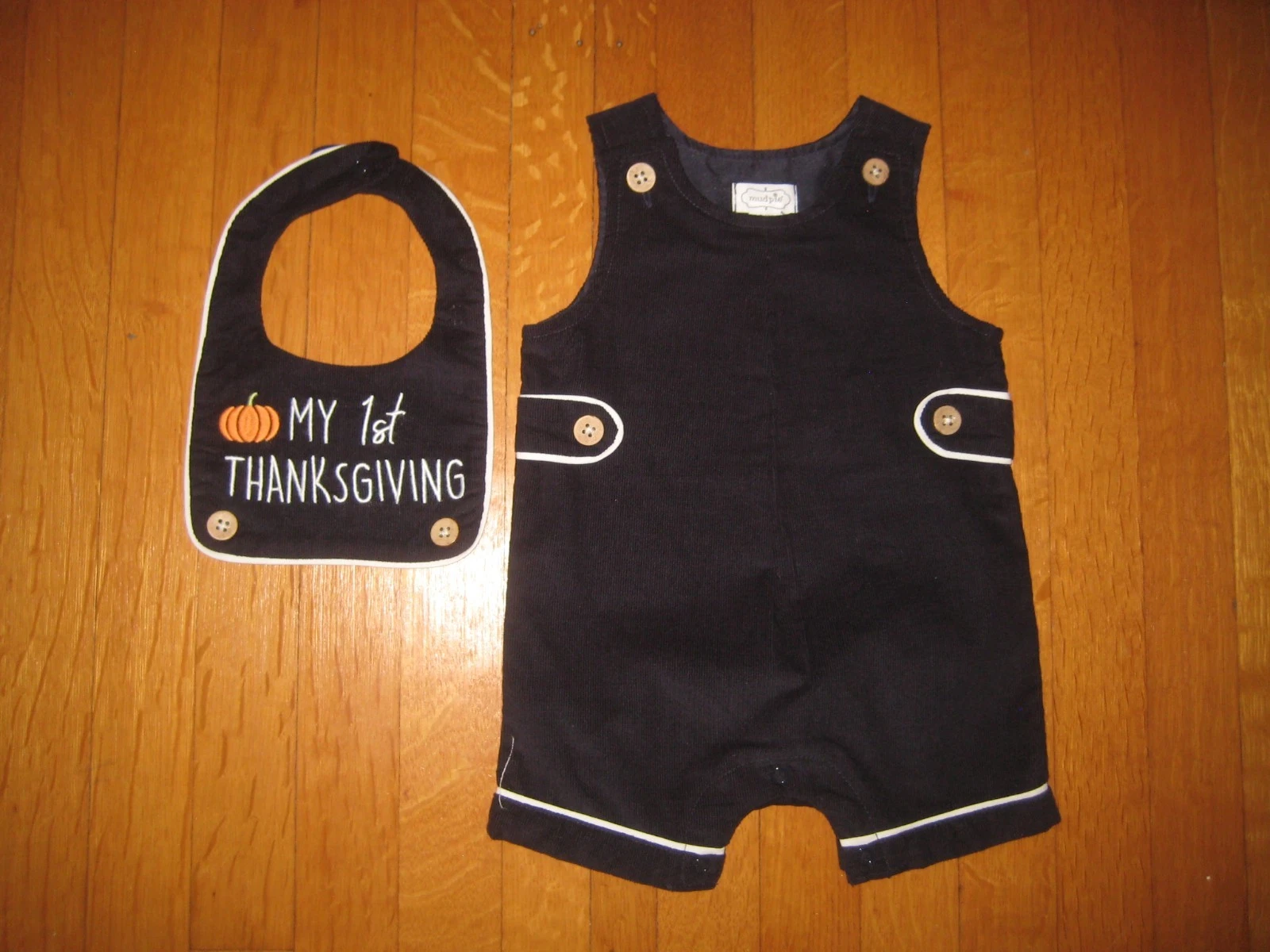 NEW Mud Pie Baby Boy First Thanksgiving Shortall 2-pc Outfit 3-6 Month Blue Cord