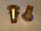 Pair Steuben Style Gold Iridescent Ribbed Glass Shades 6” Art Deco 2 1/4” Fitter