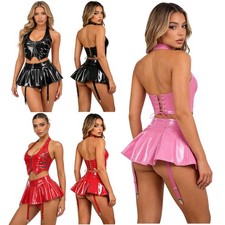 Women Crop Tops Cosplay Clubwear Pvc Outfits Intimate Miniskirts Two Piece Set