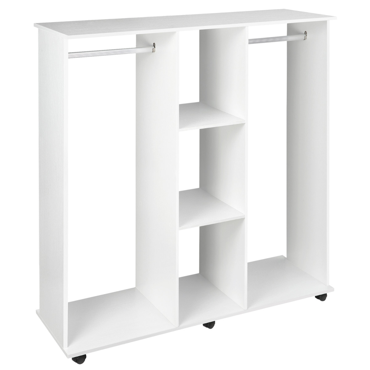 HOMCOM Rolling Open Wardrobe - White - 3 Tier Cube Storage - 2 Hanging Rails - Mobile Wheels - Chipboard/Aluminium - Image 2