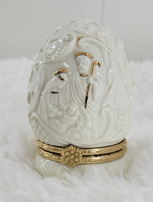 Egg Jewelry Trinket Box Christmas Nativity Gold White Ceramic Hinged Standing