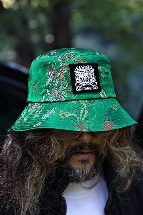 Mukha Embroidery Patch Oriental Fabric Bucket Hat Unisex Fashion Headwear Green