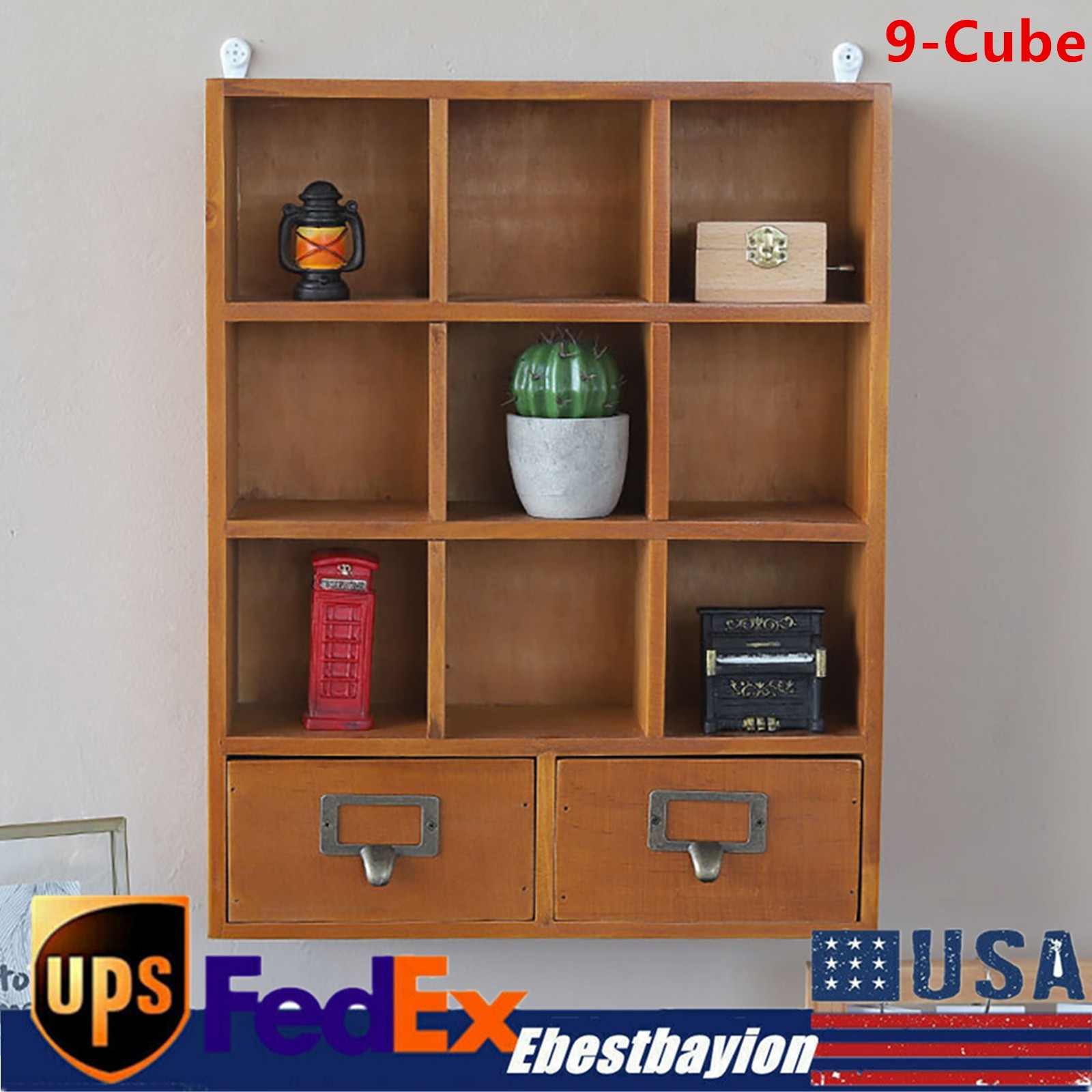 9 Cube Storage Shelf Vintage Organizer Small Item Display Cabinet With 2 Drawers