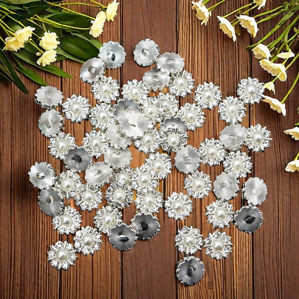 50 PCS Silver Rhinestone Pearl Buttons 12mm DIY Scrapbooking Embellishment - Image 2 of 4