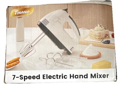 Tinana 7-Speed Electric Hand Mixer, 2 Beaters & 2 Dough Hooks, White/Black