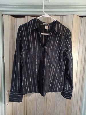 So Wear it Declare It womens XL black w silver metallic stripes  button up top