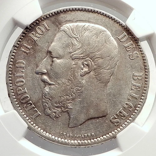 1873 BELGIUM Antique Silver 5 Francs Coin of King LEOPOLD II w LION NGC i71311