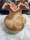 Fenton Beautiful 1990 9" Burmese Vase Hand Painted Trees Scene 7792QD 85th Ann.