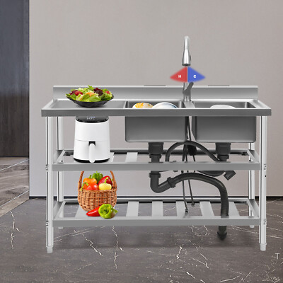 2 Compartment Basin Utility Prep Sink Commercial Sink w/ Faucet Stainless Steel