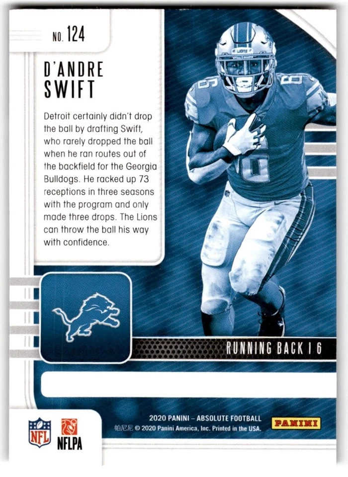2020 Panini Absolute D'Andre Swift Rookie #124 Detroit Lions - Image 2 of 2