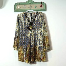 KC CHAUDRY COTTON HAND DYED BOHEMIAN JEWEL PAISLEY PRINT MINI DRESS SMALL Sample