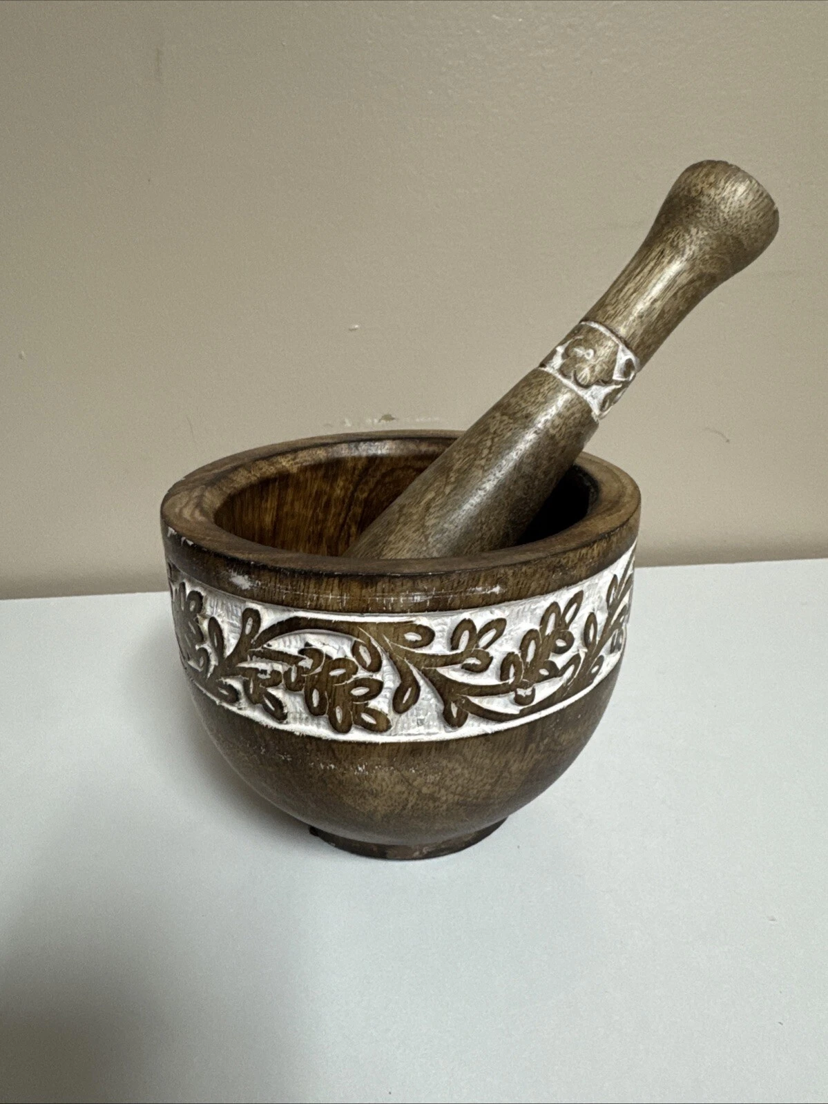 Wooden Mortar and Pestle w/ Carved Painted Design Made In India