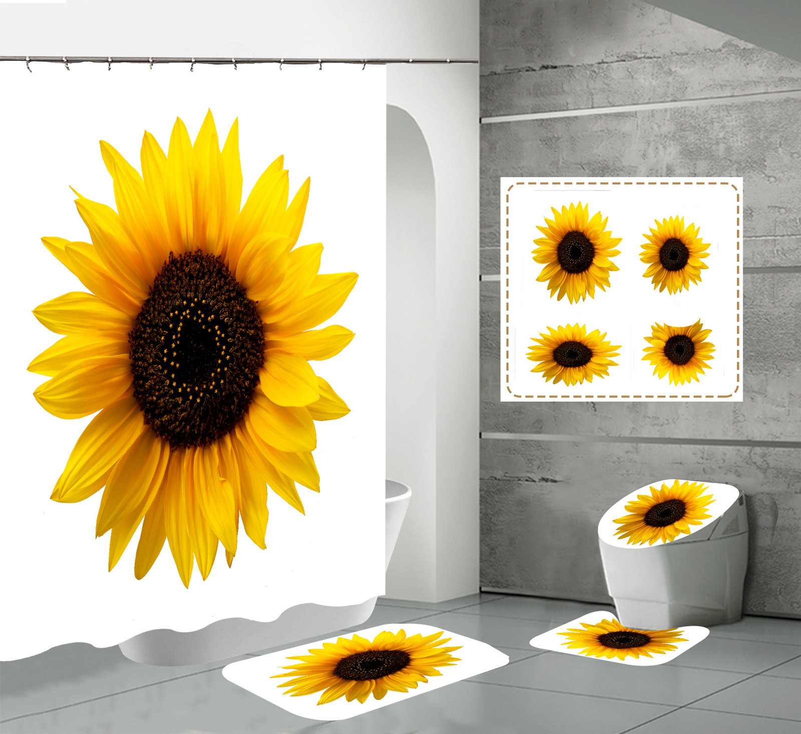 Sunflower Bathroom Set Waterproof Shower Curtain Bath Mat Toilet Lid