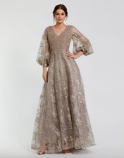 Mac Duggal 20283 Beige Embellished Plunge Neck Puff Sleeve A Line Gown 4 Mocha