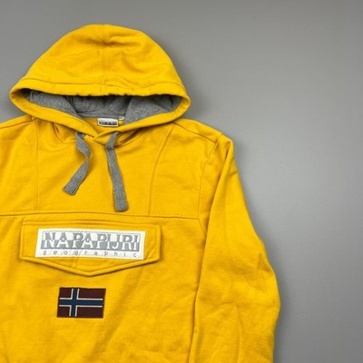 VTG Napapijri Burgee Hoodie Mens Medium Yellow Logo Patch Front Pocket NA4IK1