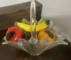 L E Smith Glass Feather Herringbone Basket With Murano Italian Hand Blown Fruit — photo 1