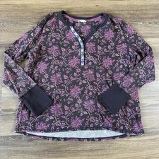Sundance Pink Floral Henley Textured Thermal Top XXL Embroidered Button Placket