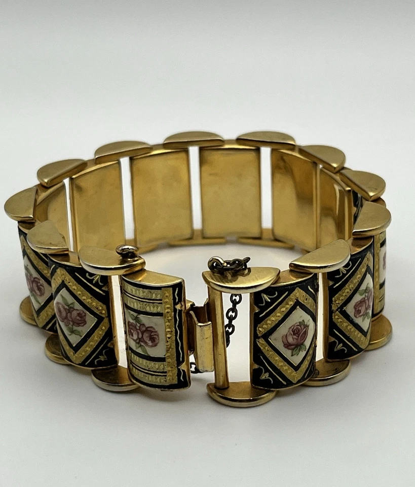 Pulsera de Eslabones Damasceno Vintage Floral Rosas Rosa Tono Negro y Dorado Paneles Cadena Foto 3 de 4