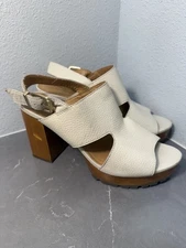 CROWN VINTAGE Women’s Leather Wooden Block Heel Platform Sandals Beige Size 8