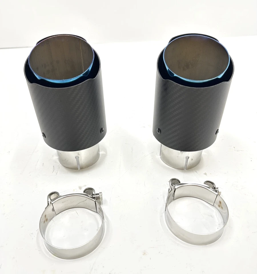 BLUE BURNED Carbon Fiber Exhaust Tip 2.5" Inlet 3.5" Outlet 6.3" Long BMW Tips - Image 2 of 4