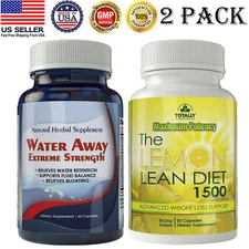Diuretic Water Away 700mg Pills Lemon Lean Diet 1500mg Weight Loss Caps 2 Pack