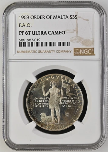 1968 ORDER OF MALTA 3 SCUDI SAINT JOHN & PASCHAL LAMB FAO NGC PF 67 ULTRA CAMEO