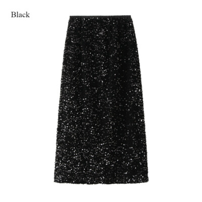 Women Sequin Midi Skirt Glitter Shiny Straight Back Slit Elastic Waist Party Bar