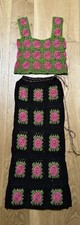 Vintage Hand Crochet Skirt And Top Outfit Set Green Pink Black XS