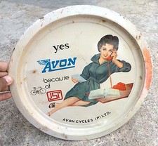 Vintage Avon Zyklen Lady Reden Auf Handy Adv Prinnt Rund Zinnblech Tablett T1082