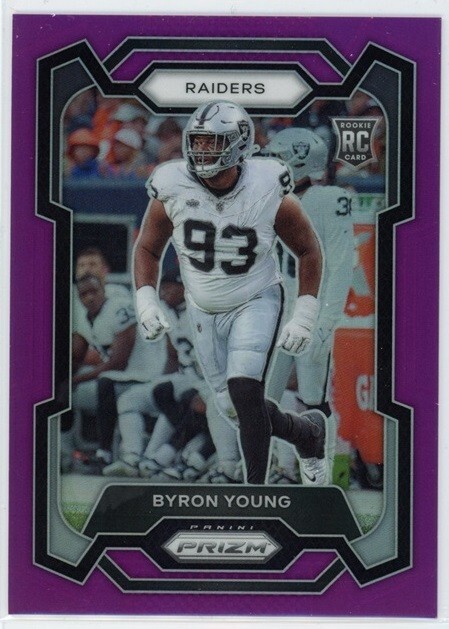 Byron Young 2023 Panini Prizm Purple #355 Rookie Las Vegas Raiders 023/125