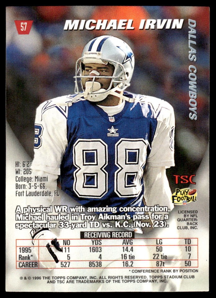1996 Stadium Club 57 Michael Irvin FOOTBALL Dallas Cowboys eBay